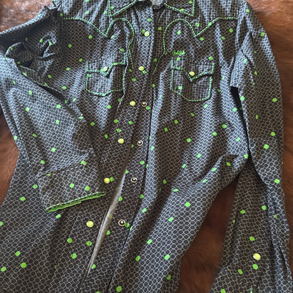 Cruel Girl Black Button-Down Shirt with Neon Green Polka Dots